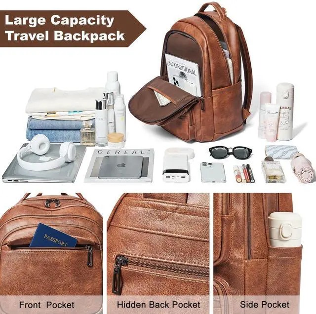 Alt view image 4 of 5 - LATMAP 43L Backpack Purse For Women Leather Shoulder Diaper Bookbag Tote 17 16 15.6 Inch Laptop Bag Handbags For Travel Work College Large Brown