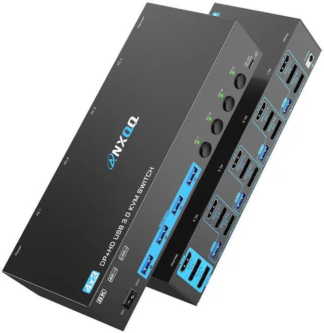 Main image of 8K@60Hz/4K@144Hz KVM Switch 4 Computers 3 Monitors, ANXQQ HDMI KVM Switch Displayport Share 4 USB 3.0 Devices, Support Mirror/Extended Mode, with 4 USB Cables, Wired Remote and Power Adapter