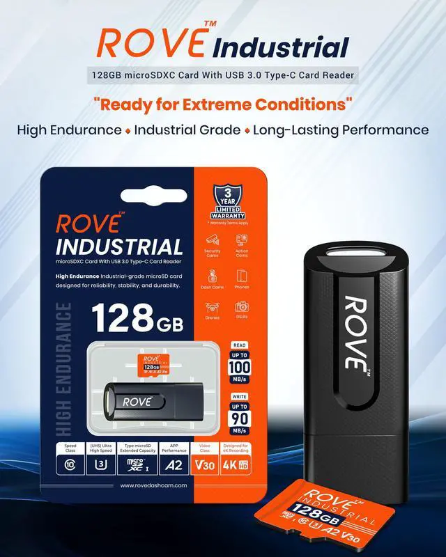 Alt view image 2 of 5 - ROVE Industrial 128GB Micro SD Card with USB 3.0 Type C Card Reader, High Endurance microSDXC Memory Card 100MB/s Read Speed, C10, U3, V30, 4K, A2 for Dash Cam, Android Smart Phones, Tablets, Games