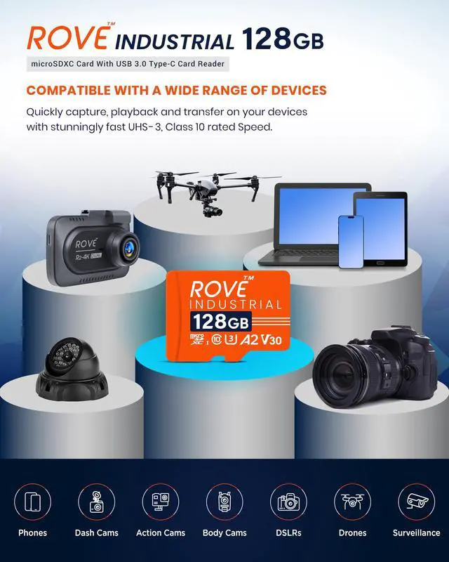 Alt view image 5 of 5 - ROVE Industrial 128GB Micro SD Card with USB 3.0 Type C Card Reader, High Endurance microSDXC Memory Card 100MB/s Read Speed, C10, U3, V30, 4K, A2 for Dash Cam, Android Smart Phones, Tablets, Games