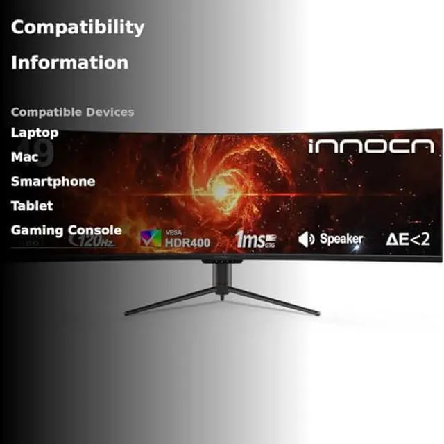 Alt view image 3 of 5 - INNOCN 49" Curved Monitor Ultrawide DQHD 120Hz 32:9 5120 x 1440P Computer Monitor, R1800, 99% sRGB, HDR400, USB Type C, DisplayPort, HDMI, Built-in Speakers, Height/Tilt Adjustable - Black