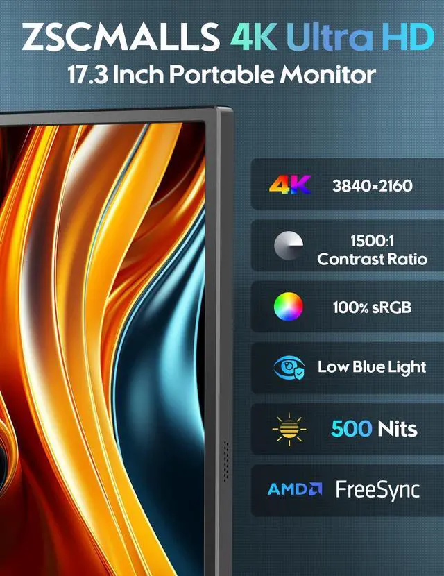 Alt view image 2 of 5 - ZSCMALLS 17.3'' 4K Portable Monitor for Laptop, 3840P×2160P IPS Large Screen with HDR, 1500:1 FreeSync, Ultra Slim & Eye Care,Travel Monitor External Screen for Laptop, PC, PS5, Mac, Xbox