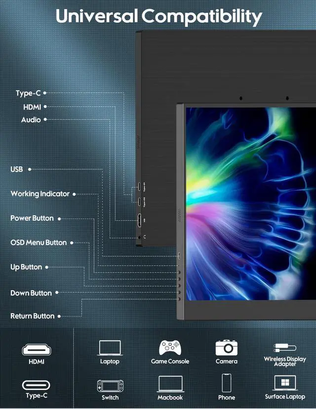 Alt view image 3 of 5 - ZSCMALLS 17.3'' 4K Portable Monitor for Laptop, 3840P×2160P IPS Large Screen with HDR, 1500:1 FreeSync, Ultra Slim & Eye Care,Travel Monitor External Screen for Laptop, PC, PS5, Mac, Xbox