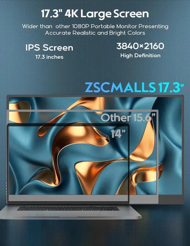 Alt view image 5 of 5 - ZSCMALLS 17.3'' 4K Portable Monitor for Laptop, 3840P×2160P IPS Large Screen with HDR, 1500:1 FreeSync, Ultra Slim & Eye Care,Travel Monitor External Screen for Laptop, PC, PS5, Mac, Xbox