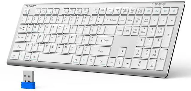 Main image of TECKNET Bluetooth Keyboard Rechargeable, 4-Device Free Switching (2.4G+BT), Ultra-Slim Full Size Wireless Keyboard, Quiet Typing, for PC/Laptop/Smart TV/Phone, Adjustable Stand, 12 Multimedia Keys