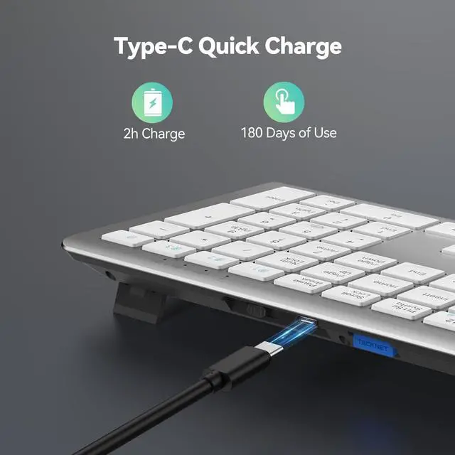 Alt view image 3 of 5 - TECKNET Bluetooth Keyboard Rechargeable, 4-Device Free Switching (2.4G+BT), Ultra-Slim Full Size Wireless Keyboard, Quiet Typing, for PC/Laptop/Smart TV/Phone, Adjustable Stand, 12 Multimedia Keys