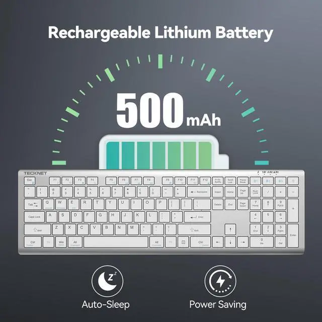 Alt view image 4 of 5 - TECKNET Bluetooth Keyboard Rechargeable, 4-Device Free Switching (2.4G+BT), Ultra-Slim Full Size Wireless Keyboard, Quiet Typing, for PC/Laptop/Smart TV/Phone, Adjustable Stand, 12 Multimedia Keys