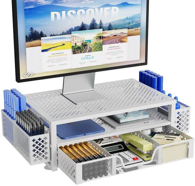 Main image of Simple Trending 2 Tier Metal Monitor Stand Monitor riser and Computer Desk Organizer with Drawer and Pen Holder for Laptop, Computer, iMac, White