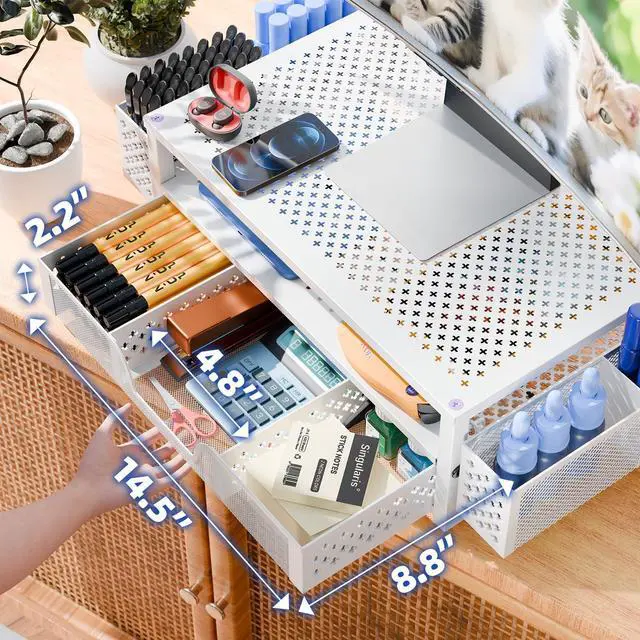 Alt view image 2 of 5 - Simple Trending 2 Tier Metal Monitor Stand Monitor riser and Computer Desk Organizer with Drawer and Pen Holder for Laptop, Computer, iMac, White