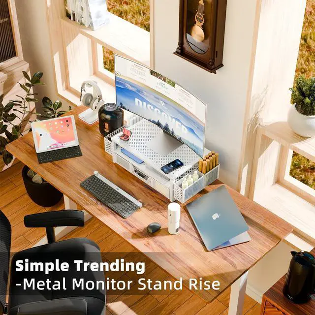 Alt view image 3 of 5 - Simple Trending 2 Tier Metal Monitor Stand Monitor riser and Computer Desk Organizer with Drawer and Pen Holder for Laptop, Computer, iMac, White