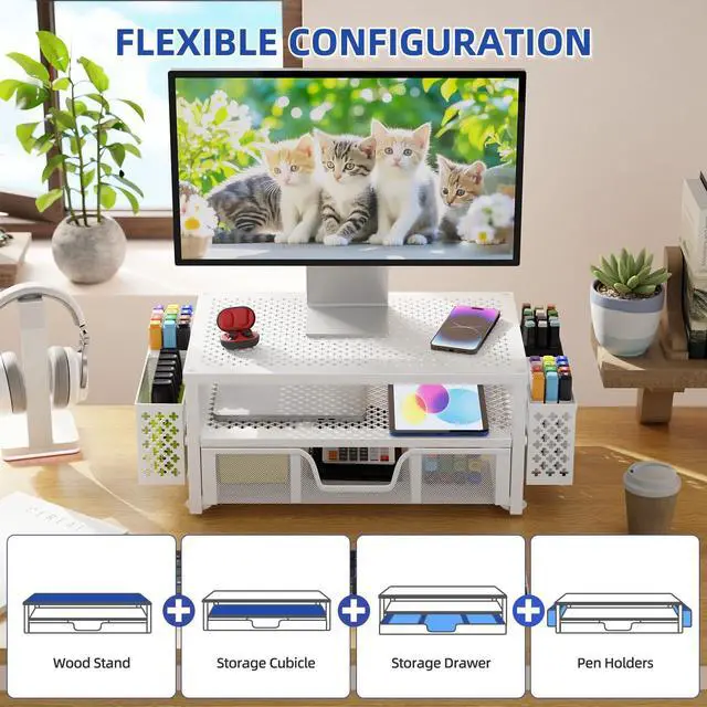 Alt view image 4 of 5 - Simple Trending 2 Tier Metal Monitor Stand Monitor riser and Computer Desk Organizer with Drawer and Pen Holder for Laptop, Computer, iMac, White
