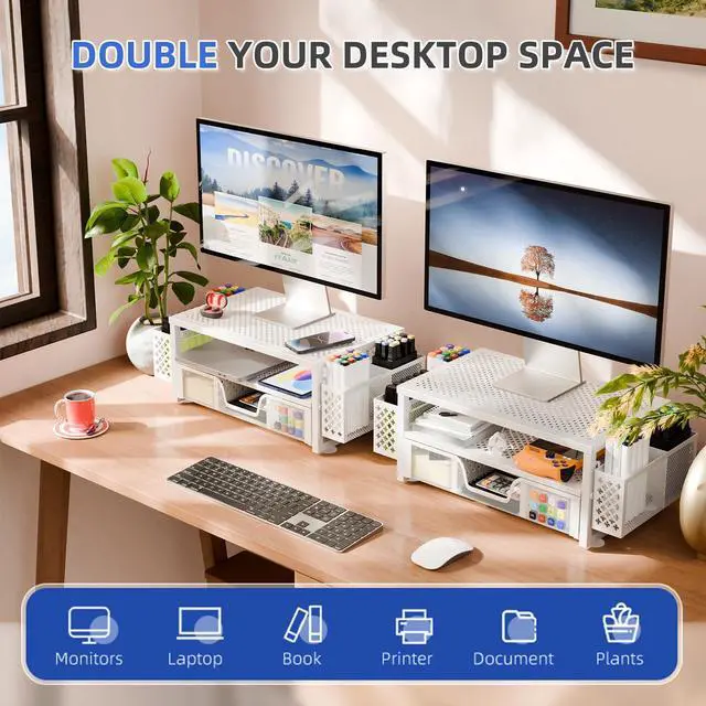 Alt view image 5 of 5 - Simple Trending 2 Tier Metal Monitor Stand Monitor riser and Computer Desk Organizer with Drawer and Pen Holder for Laptop, Computer, iMac, White