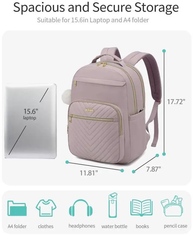 Alt view image 4 of 5 - VANKANY Cute Laptop Backpack Women for College, Fashion Teen Girl School Backpack Adult Bookbag for Work Office Nurse Highschool Bag, Light Purple