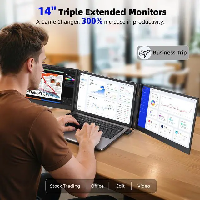 Alt view image 2 of 5 - 14" Triple Laptop Screen Extender - Ultra Thin & Lightweight (2.2lb) Portable Monitor For Laptop, FHD 1080P Travel Display 13-17" Laptops, Plug & Play USB-C/HDMI, Aluminum Extended Screen for Mac/Win