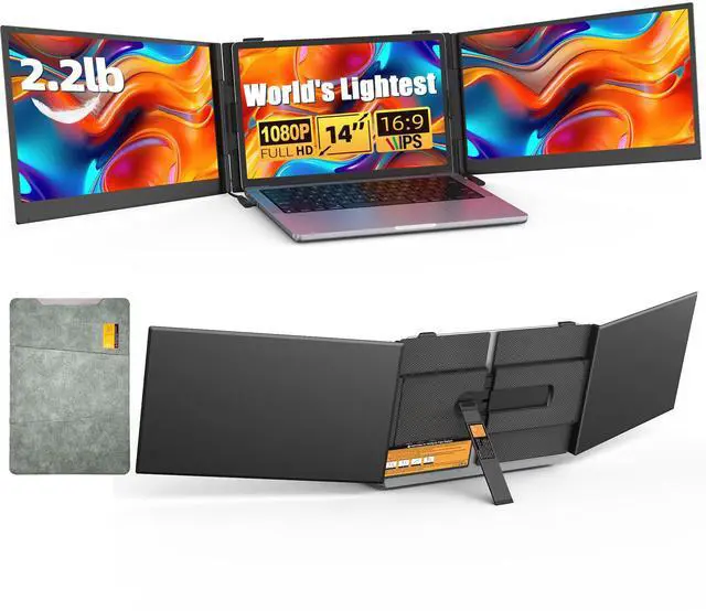 Main image of 14" Triple Laptop Screen Extender - Ultra Thin & Lightweight (2.2lb) Portable Monitor For Laptop, FHD 1080P Travel Display 13-17" Laptops, Plug & Play USB-C/HDMI, Aluminum Extended Screen for Mac/Win