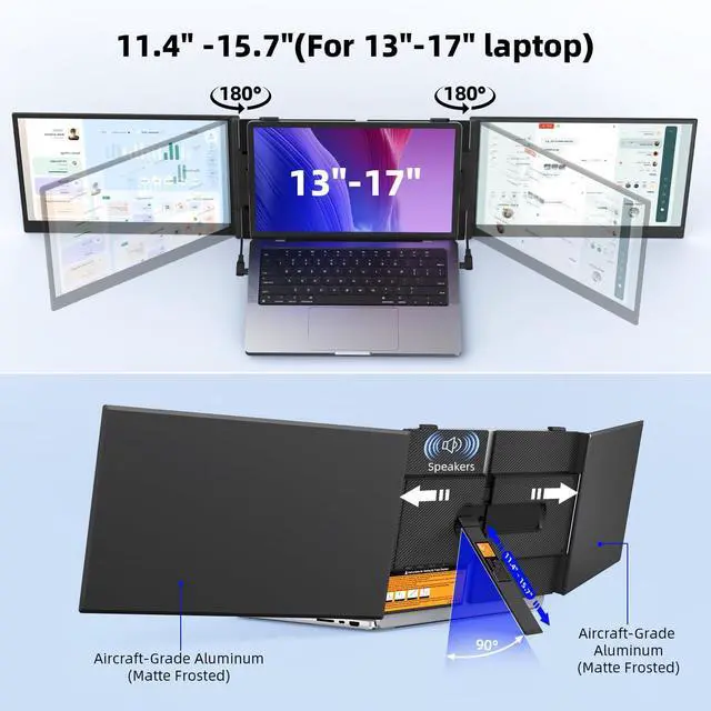 Alt view image 5 of 5 - 14" Triple Laptop Screen Extender - Ultra Thin & Lightweight (2.2lb) Portable Monitor For Laptop, FHD 1080P Travel Display 13-17" Laptops, Plug & Play USB-C/HDMI, Aluminum Extended Screen for Mac/Win