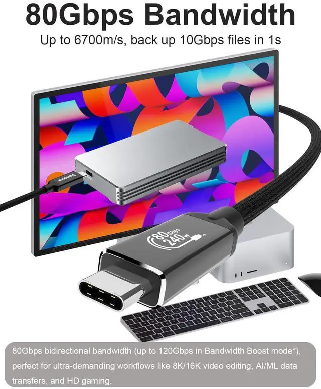 Alt view image 2 of 5 - Thunderbolt 5 Cable 6.6Ft Compatible, 80Gbps USB4 Cable, PD3.1 240W Charging, 120Gbps Video Bandwidth, 16K/8K, Braided USB C Video Cables for iPhone 17, MacBook Pro, Mac mini, PSSD, USB C Display 2m