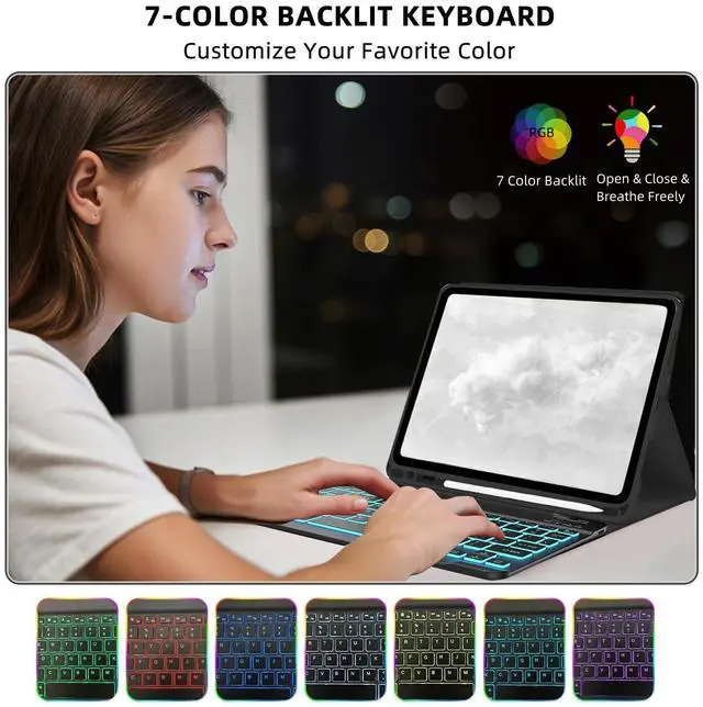 Alt view image 5 of 5 - Bxomteng Keyboard Case for Samsung Galaxy Tab S10 Lite & S10 FE & S9 FE 10.9 inch/Tab S9 / S8 11 inch - 7 Colors Backlit Keyboard Cover and Mouse (Black)
