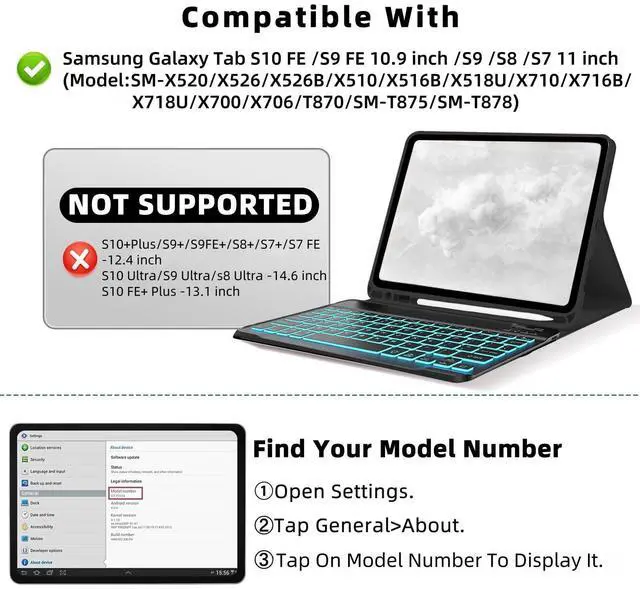 Alt view image 2 of 5 - Bxomteng Keyboard Case for Samsung Galaxy Tab S10 Lite & S10 FE & S9 FE 10.9 inch/Tab S9 / S8 11 inch - 7 Colors Backlit Keyboard Cover and Mouse (Black)