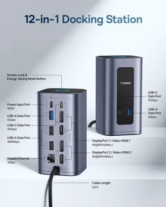 Alt view image 3 of 5 - Baseus Docking Station Dual Monitor for macOS/Win, Nomos Mac Air(12 in 1) Laptop Docking Station with 4K HDMI, 10Gbps USB Ports, 1Gbps Ethernet, PD 100W(No Power Adapter)