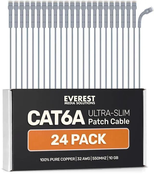 Main image of Everest Ultra Slim Cat6a Ethernet Patch Cables 6ft (24-Pack) Gray - 10GB Cat 6a Patch Cable - Bendable, Flexible & Thin Ethernet Cable - Space Saving 32AWG 550MHZ Cat6a Cables - 100% Copper Wires