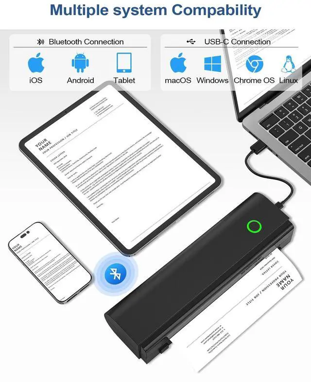 Alt view image 3 of 5 - NADAIIN Portable Printers Wireless for Travel, Bluetooth Thermal Printer Supports 8.5" x 11" US Letter & A4 Size, Inkless Mobile Printer Work with Android iPhone Laptop for Home Office School, Black