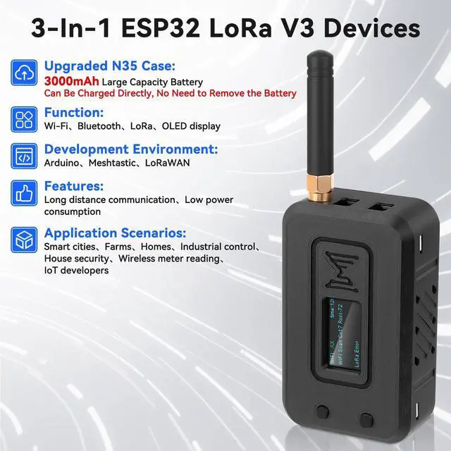 Alt view image 2 of 5 - 1 Set ESP32 LoRa V3 Module Board with 915 MHz Antenna + 3000mAh Battery + Protect Case - Integrated WiFi Bluetooth SX1262 CP2102 0.96 OLED Display Type C for Arduino Lora Meshtastic IOT (N35, Black)
