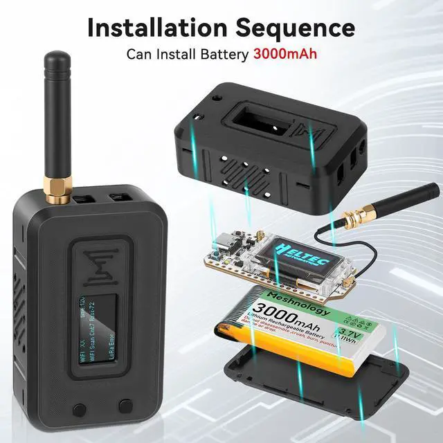 Alt view image 3 of 5 - 1 Set ESP32 LoRa V3 Module Board with 915 MHz Antenna + 3000mAh Battery + Protect Case - Integrated WiFi Bluetooth SX1262 CP2102 0.96 OLED Display Type C for Arduino Lora Meshtastic IOT (N35, Black)
