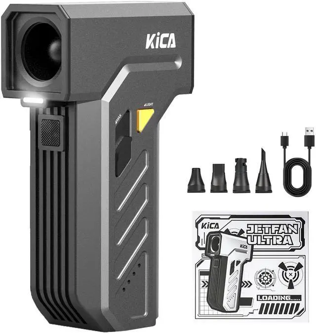Main image of Kica Jet Fan Ultra Cordless Air Duster - 171W Turbo Motor, 130,000 RPM, 48m/s Hurricane Wind, 4 Magnetic Nozzles, Dual LED Lights, 5H Runtime, for PC/Keyboard/Car Cleaning