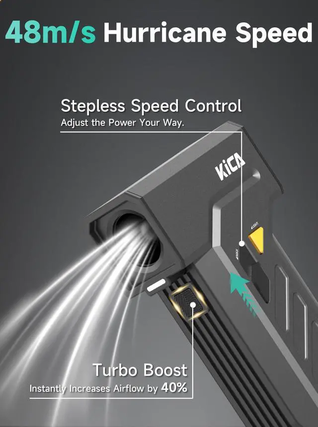 Alt view image 3 of 5 - Kica Jet Fan Ultra Cordless Air Duster - 171W Turbo Motor, 130,000 RPM, 48m/s Hurricane Wind, 4 Magnetic Nozzles, Dual LED Lights, 5H Runtime, for PC/Keyboard/Car Cleaning