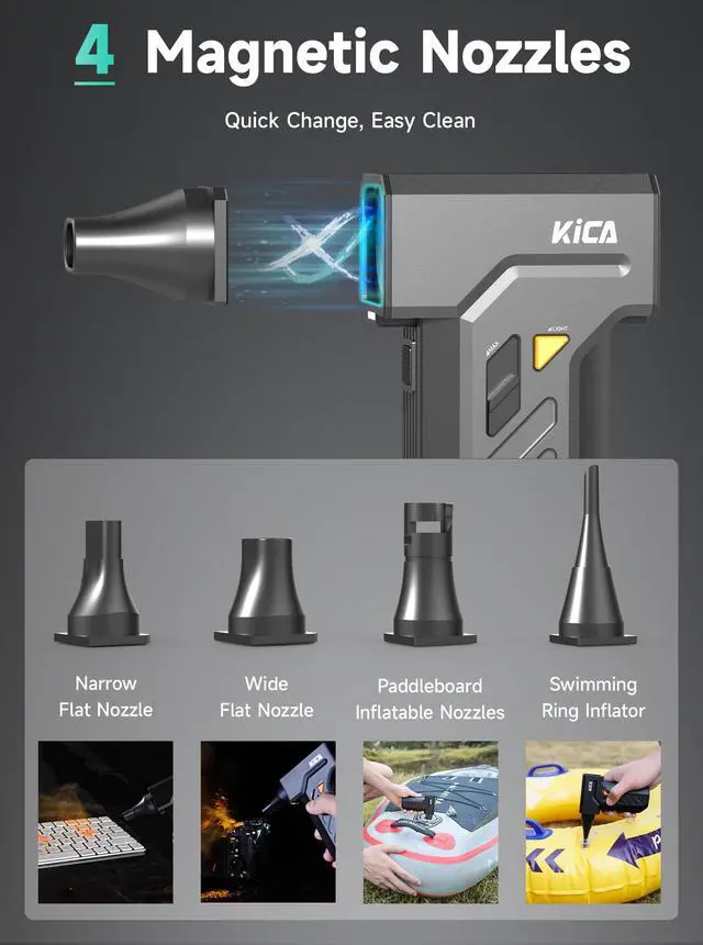 Alt view image 5 of 5 - Kica Jet Fan Ultra Cordless Air Duster - 171W Turbo Motor, 130,000 RPM, 48m/s Hurricane Wind, 4 Magnetic Nozzles, Dual LED Lights, 5H Runtime, for PC/Keyboard/Car Cleaning