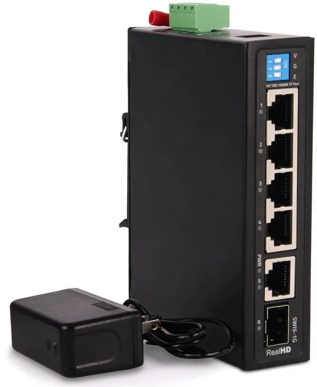 Main image of Industrial Ethernet Switch, 6-Port Gigabit Ethernet Switch, 1000Mbps, 4*1 RJ45 Uplink+1 SFP Port, Din Rail & Wall Mountable (-40 to 185 F), 12Gbps Switching Capacity, with UL Power Supply