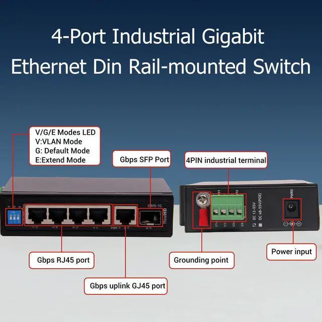 Alt view image 2 of 5 - Industrial Ethernet Switch, 6-Port Gigabit Ethernet Switch, 1000Mbps, 4*1 RJ45 Uplink+1 SFP Port, Din Rail & Wall Mountable (-40 to 185 F), 12Gbps Switching Capacity, with UL Power Supply