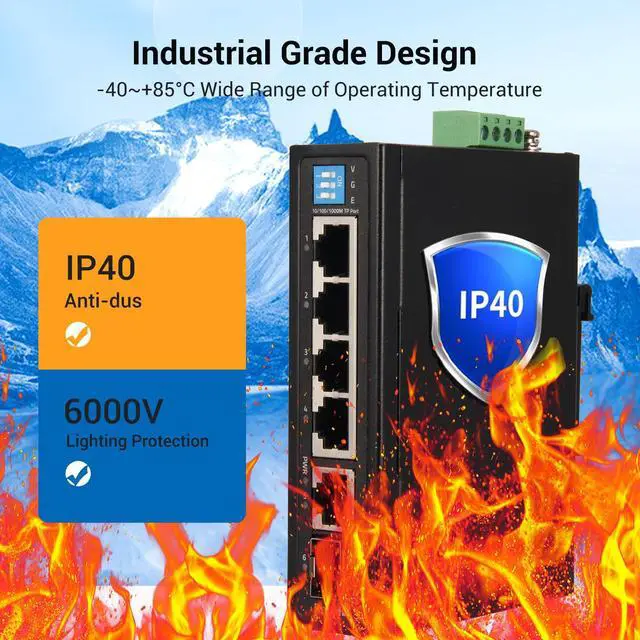 Alt view image 5 of 5 - Industrial Ethernet Switch, 6-Port Gigabit Ethernet Switch, 1000Mbps, 4*1 RJ45 Uplink+1 SFP Port, Din Rail & Wall Mountable (-40 to 185 F), 12Gbps Switching Capacity, with UL Power Supply