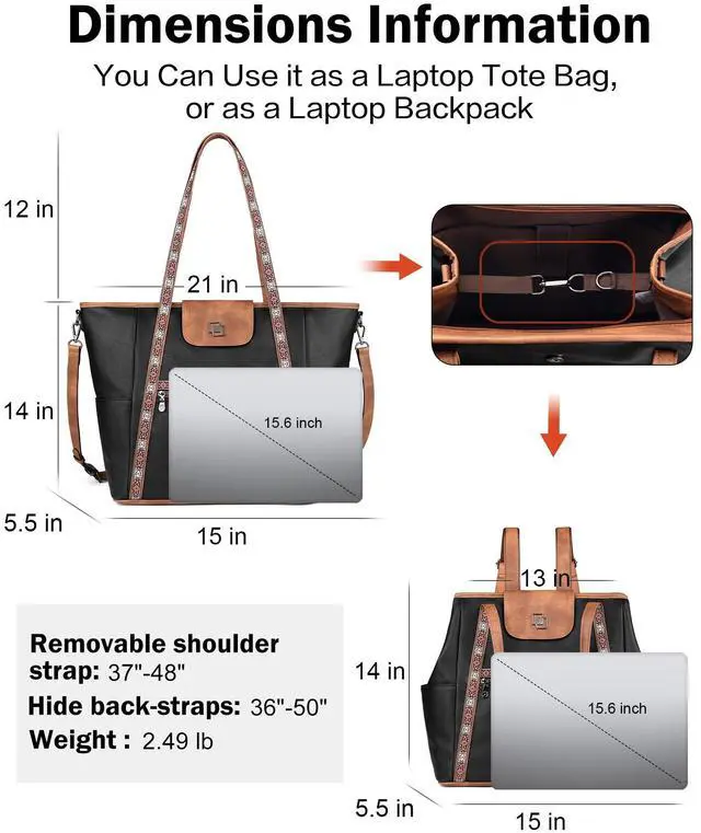 Alt view image 4 of 5 - FADEON Large Laptop Tote Bag for Women Designer Leather Laptop Bag Fashion Travel Backpack Purse Shoulder Handbag Brown