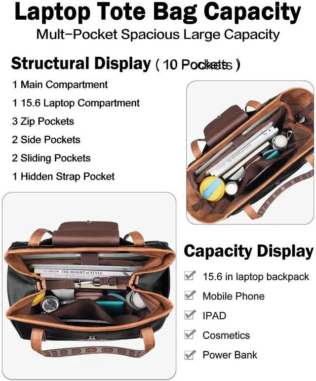 Alt view image 3 of 5 - FADEON Large Laptop Tote Bag for Women Designer Leather Laptop Bag Fashion Travel Backpack Purse Shoulder Handbag Brown