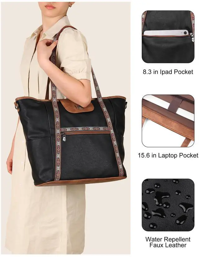 Alt view image 5 of 5 - FADEON Large Laptop Tote Bag for Women Designer Leather Laptop Bag Fashion Travel Backpack Purse Shoulder Handbag Brown