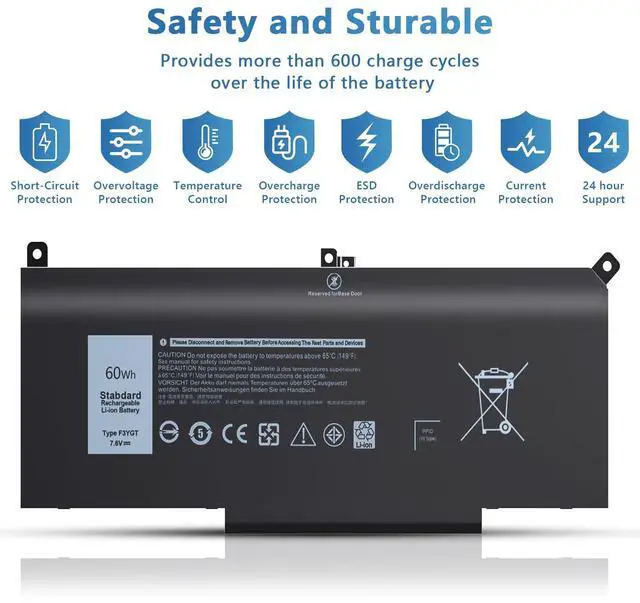 Alt view image 4 of 5 - Ymawetia 60Wh F3YGT Laptop Battery Compatible with Dell Latitude 12 7000 7280 7290 13 7380 7390 P29S002 14 7480 7490 P73G002 E7480 E7280 E7290 DM3WC DM6WC 2X39G