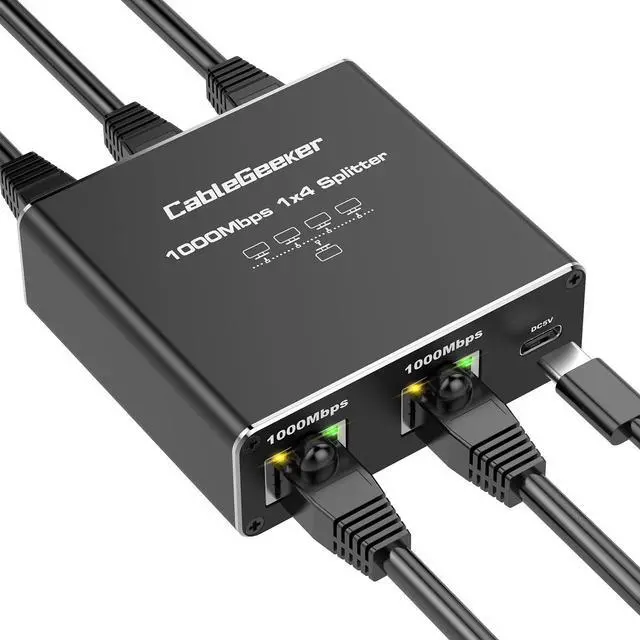 Main image of CableGeeker Gigabit Ethernet Splitter 1 to 4, 1000Mbps High Speed Network Hub with USB Power, Network LAN Adapter Supports Cat5/6/7/8 for 4 Devices Simultaneous Networking