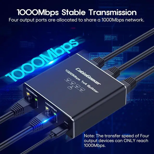 Alt view image 3 of 5 - CableGeeker Gigabit Ethernet Splitter 1 to 4, 1000Mbps High Speed Network Hub with USB Power, Network LAN Adapter Supports Cat5/6/7/8 for 4 Devices Simultaneous Networking