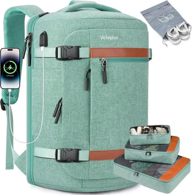 Main image of Velaybor 42L Travel Backpack with 4 Packing Cubes, TSA Friendly Flight Approved Carry-On Bag with USB Charging Port, Water-Resistant Weekender Business Backpack for Men Women, Fits 17.3" Laptop(Green)