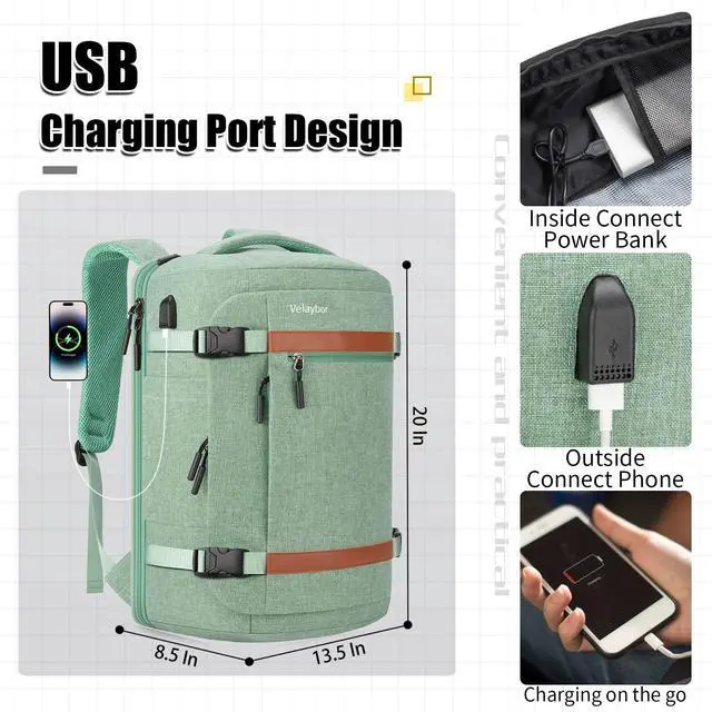 Alt view image 5 of 5 - Velaybor 42L Travel Backpack with 4 Packing Cubes, TSA Friendly Flight Approved Carry-On Bag with USB Charging Port, Water-Resistant Weekender Business Backpack for Men Women, Fits 17.3" Laptop(Green)