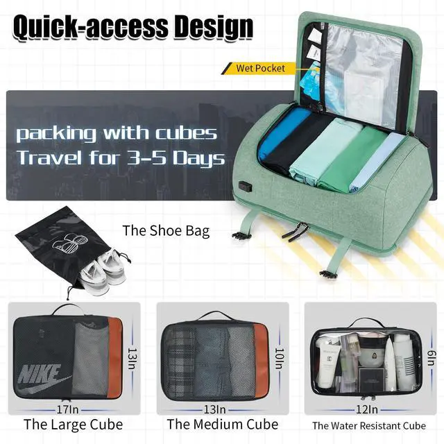 Alt view image 3 of 5 - Velaybor 42L Travel Backpack with 4 Packing Cubes, TSA Friendly Flight Approved Carry-On Bag with USB Charging Port, Water-Resistant Weekender Business Backpack for Men Women, Fits 17.3" Laptop(Green)