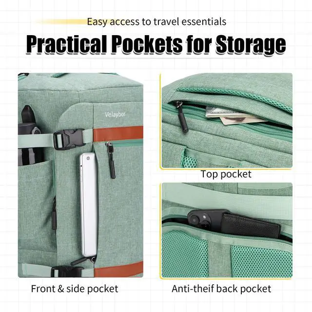 Alt view image 4 of 5 - Velaybor 42L Travel Backpack with 4 Packing Cubes, TSA Friendly Flight Approved Carry-On Bag with USB Charging Port, Water-Resistant Weekender Business Backpack for Men Women, Fits 17.3" Laptop(Green)