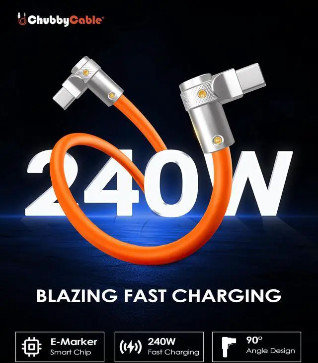 Alt view image 2 of 5 - chubbycable FlexElbow 90 Degree 240W Fast Charging Cable Right Angle USB C Cable Silicone Charging Cord Compatible with iPhone 17-15 Series iPad, Orange, Double Elbow Type C to Type C, 0.32FT