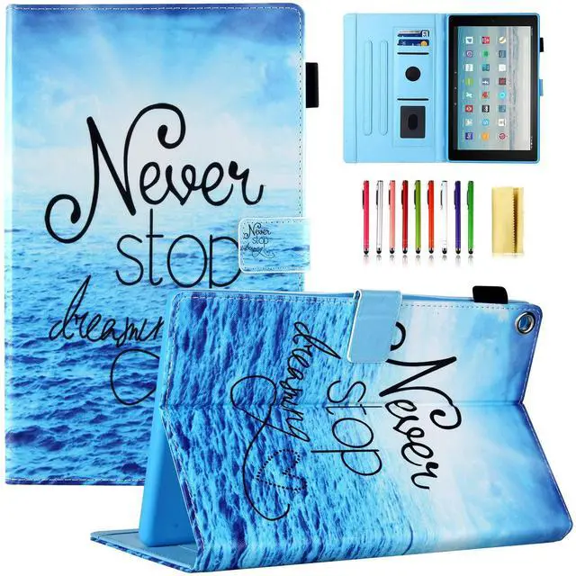 Main image of UUcovers Case for Amazon Kindle Fire HD 10 Tablet 9th/7th Generation (2019/2017) 10.1 inch with Pencil Holder/Pocket [Auto Wake/Sleep] Smart Stand PU Leather Magnetic Wallet Cover, Never Stop Beach