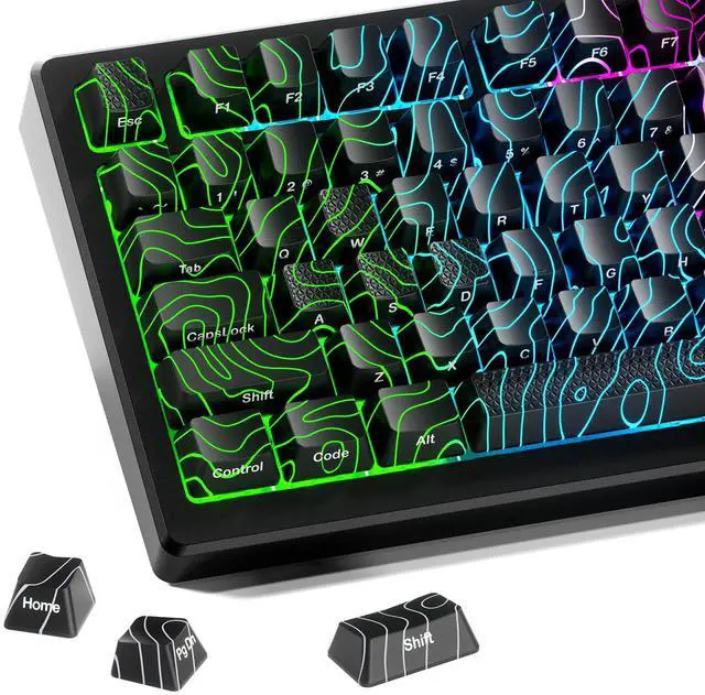 Main image of HITIME XVX Shine Through Keycaps w/IMD Tech, Custom Topographic Keycaps 60 75 100 Percent, Black Key Cap Set Lines Backlit, OEM Profile Side Printed for Keyboards