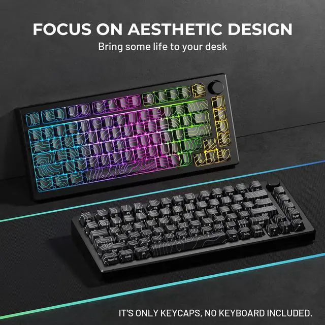 Alt view image 2 of 5 - HITIME XVX Shine Through Keycaps w/IMD Tech, Custom Topographic Keycaps 60 75 100 Percent, Black Key Cap Set Lines Backlit, OEM Profile Side Printed for Keyboards