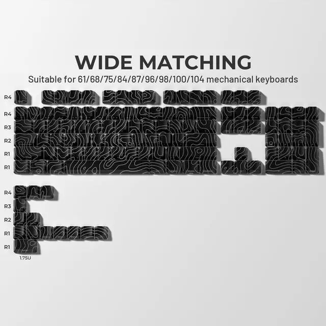 Alt view image 4 of 5 - HITIME XVX Shine Through Keycaps w/IMD Tech, Custom Topographic Keycaps 60 75 100 Percent, Black Key Cap Set Lines Backlit, OEM Profile Side Printed for Keyboards