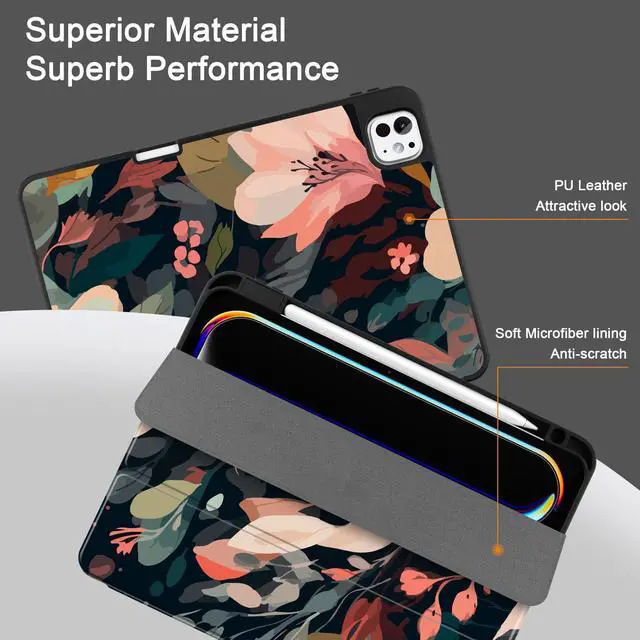 Alt view image 4 of 5 - DONGKE Case for iPad Pro 11 inch (M5 2025 / M4 2024, 6th & 5th Generation)  [Built-in Pencil Holder] Ultra Slim PU Leather Trifold Stand Cover with Soft TPU Back, Auto Wake/Sleep, Painted Florals